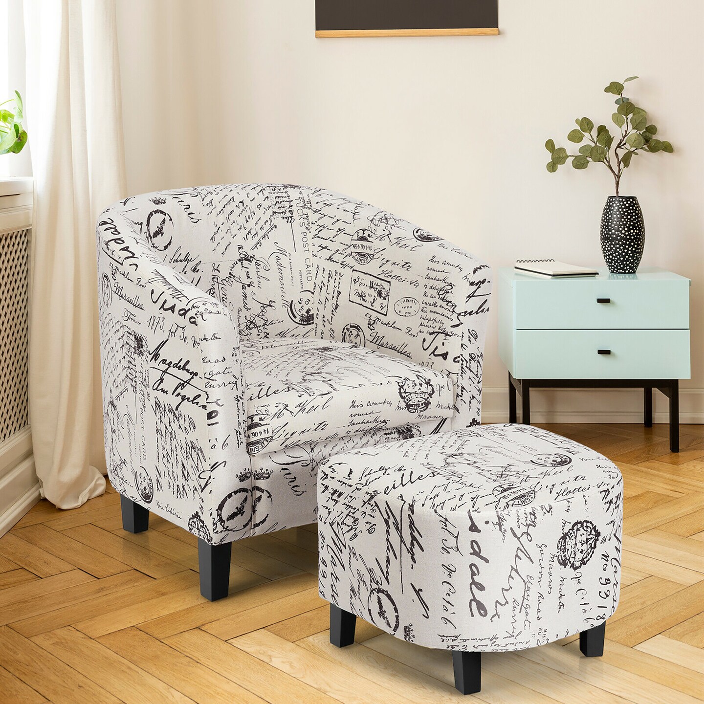 Costway Barrel Accent Chair Tub Chair Linen Fabric Upholstered w/Ottoman Modern Beige