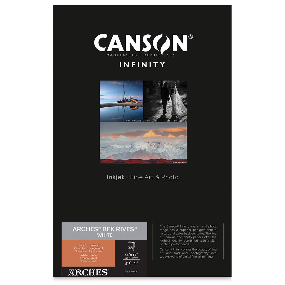 Canson Infinity Arches BFK Rives Inkjet Fine Art and Photo Paper - 11&#x22; x 17&#x22;, White, 310 gsm, Package of 25