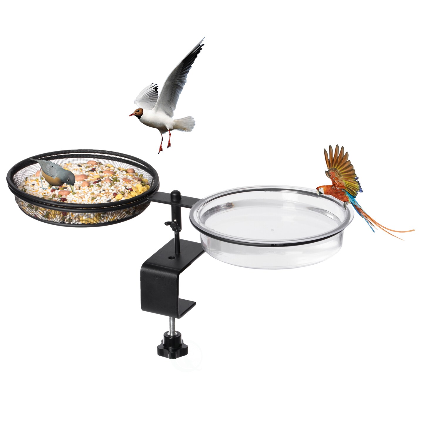 Outdoor Round 2 in 1 Deck Mounted Bird Bath Bowl Railing Bird Mesh Tray Feeder with Adjustable Clamp