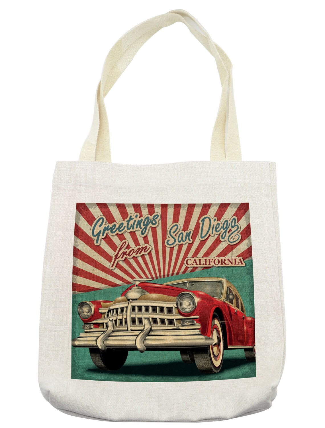 Ambesonne San Diego Tote Bag, Greetings from San Diego California Vintage Touristic Design with a Retro Car, Cloth Linen Reusable Bag for Shopping Books Beach and More, 16.5&#x22; X 14&#x22;, Multicolor