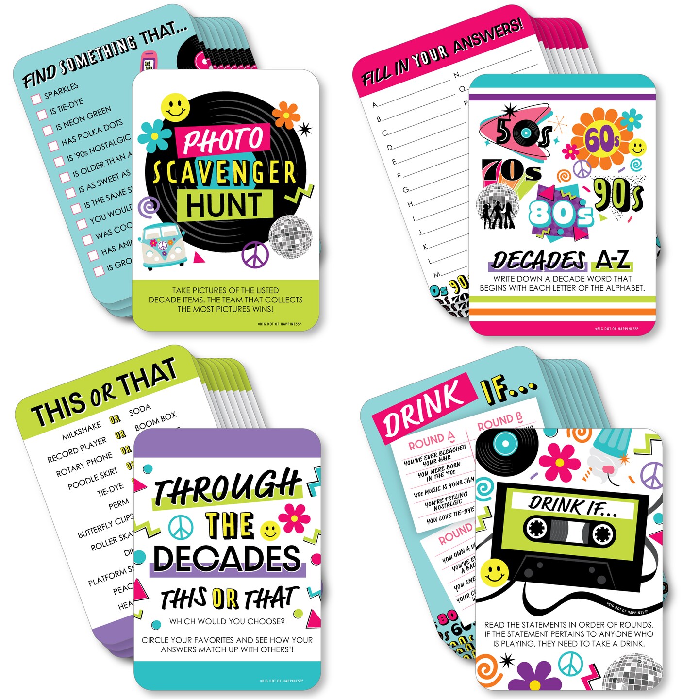 Big Dot of Happiness Through the Decades - 4 50s, 60s, 70s, 80s, and 90s Party Games - 10 Cards Each - Gamerific Bundle