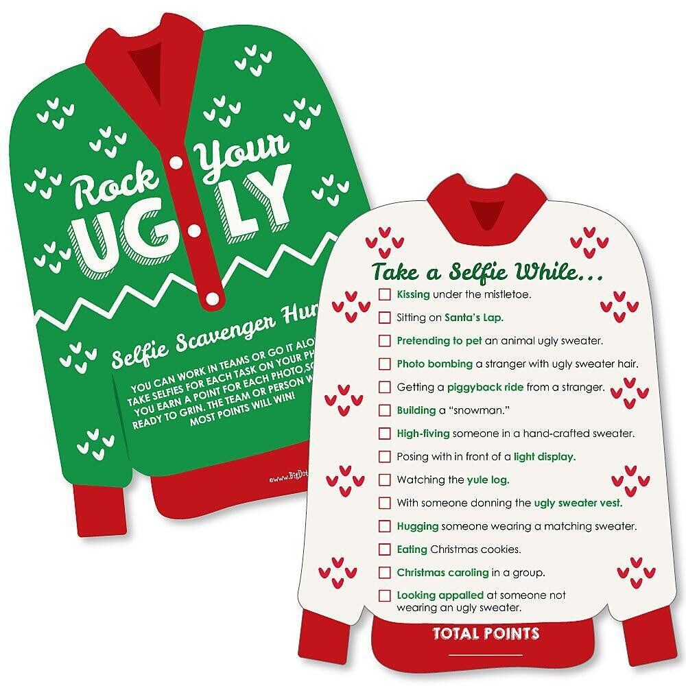 Big Dot of Happiness Ugly Sweater - Selfie Scavenger Hunt - Holiday and Christmas Party Game - Set of 12