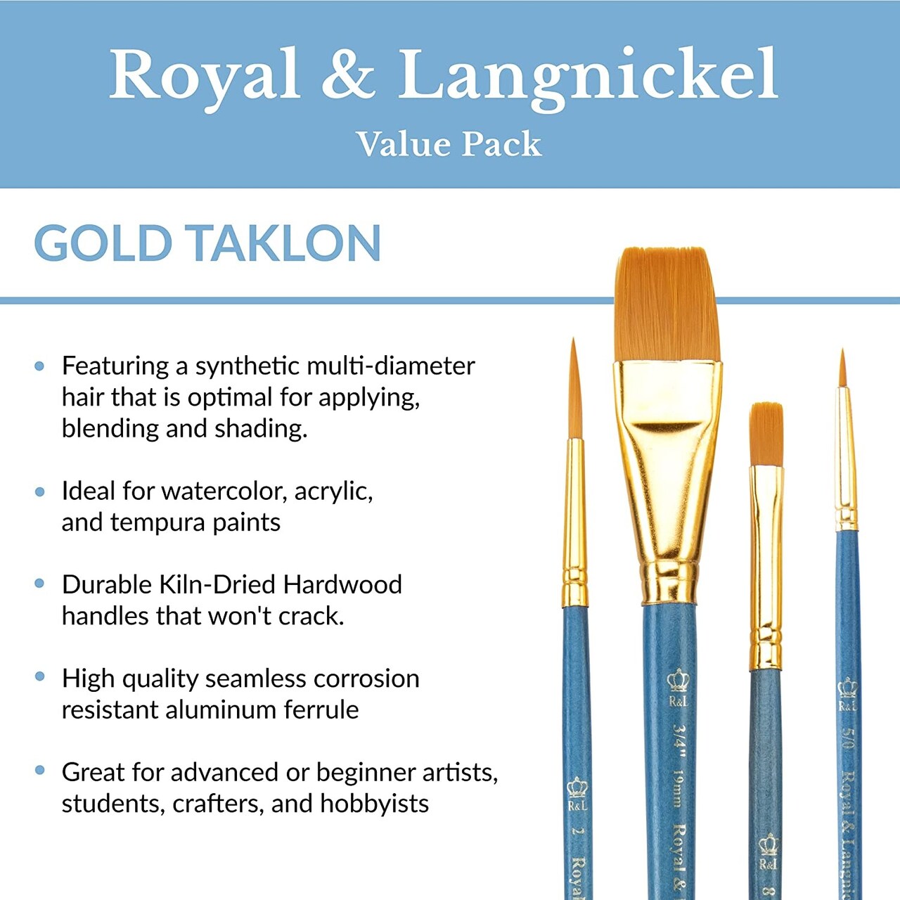 Royal & Langnickel Pinsel Set, 7-teilig, Gold Taklon – Für Acryl, Aquarell, Gouache
