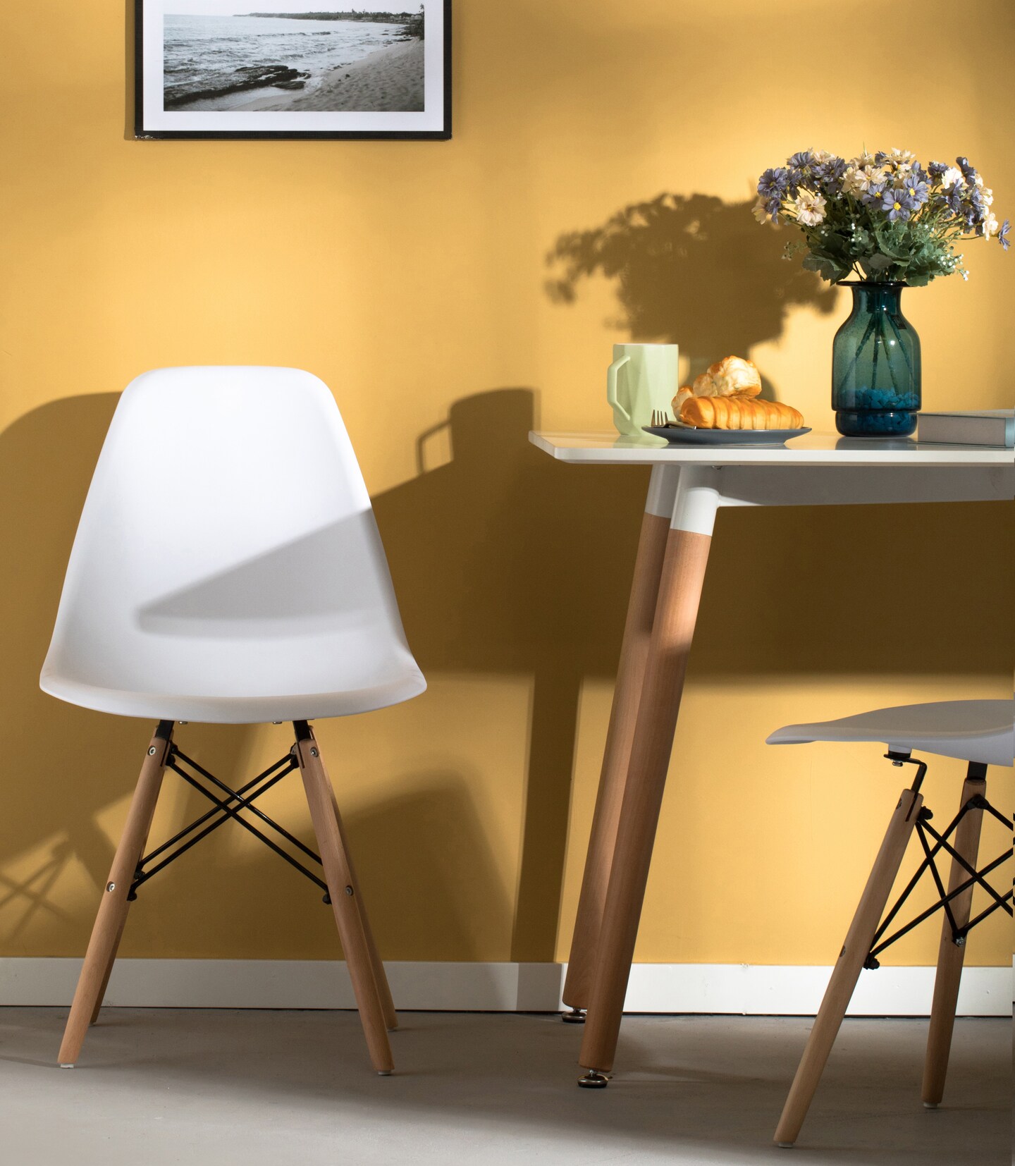 Mid-Century Modern Style Plastic DSW Shell Dining Chair with Solid Beech Wooden Dowel Eiffel Legs