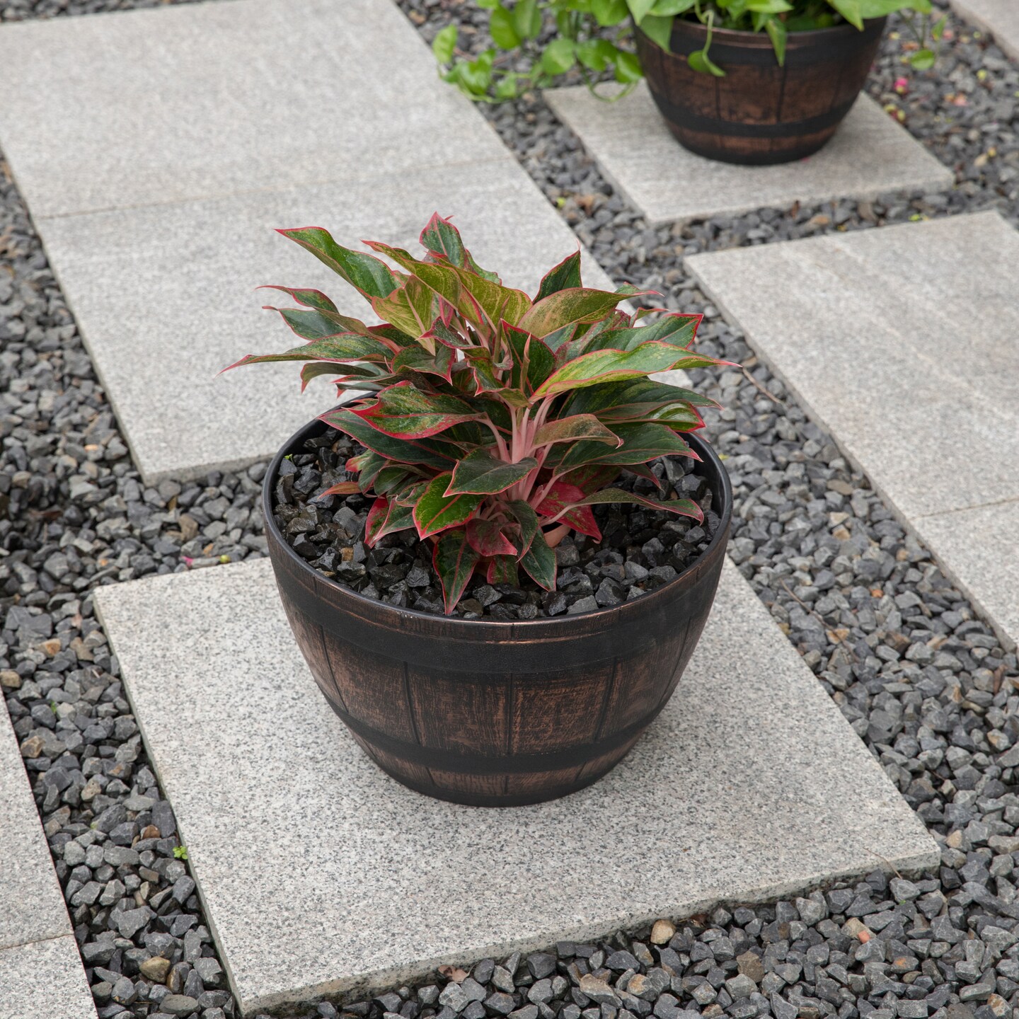 Brown Outdoor Rustic Half Barrel Flower Garden Planter Bowl, Plastic