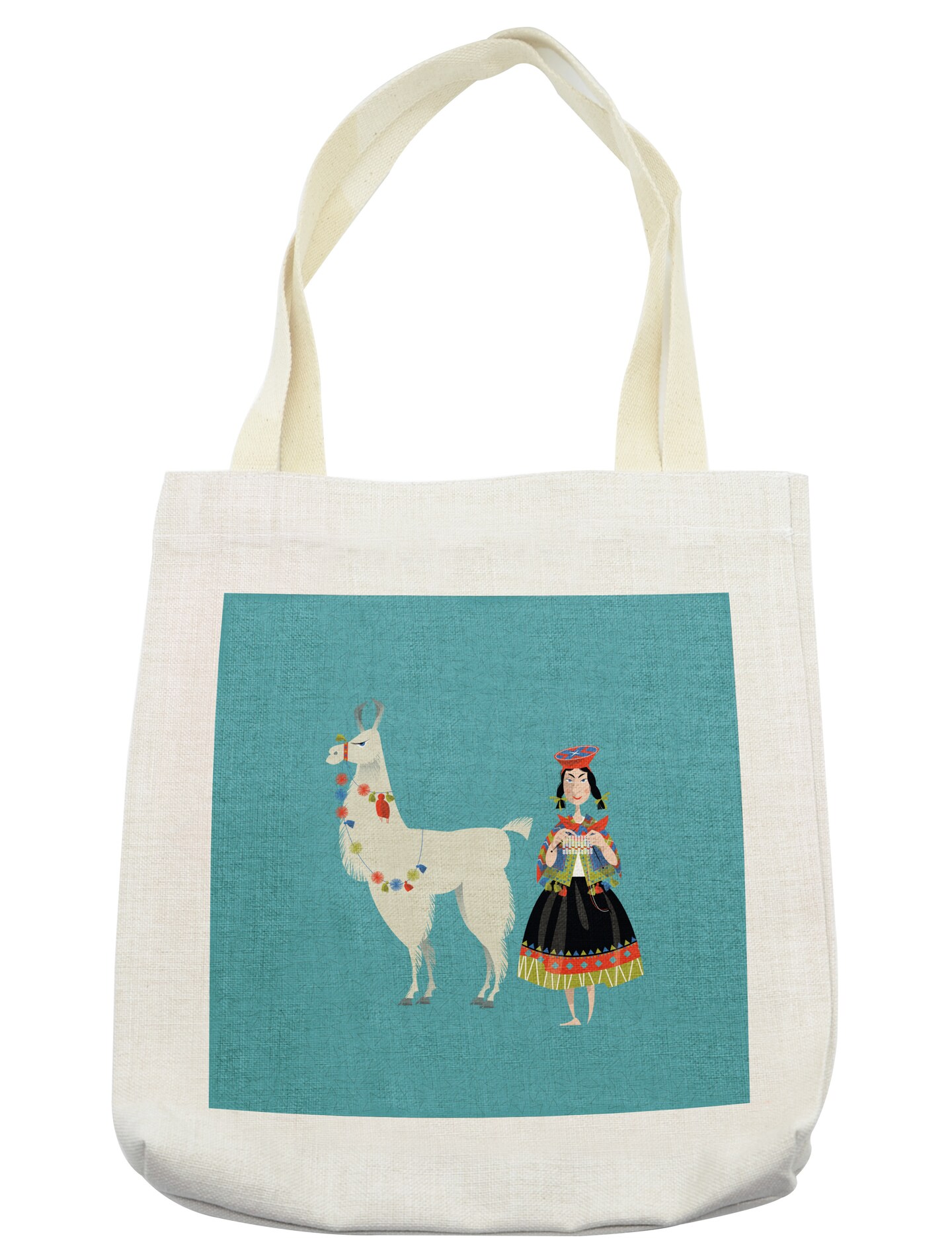 Ambesonne Llama Tote Bag, Peruvian Woman Knitting with a White Alpaca Wrapped with Flower Colorful Illustration, Cloth Linen Reusable Bag for Shopping Books Beach and More, 16.5&#x22; X 14&#x22;, Multicolor