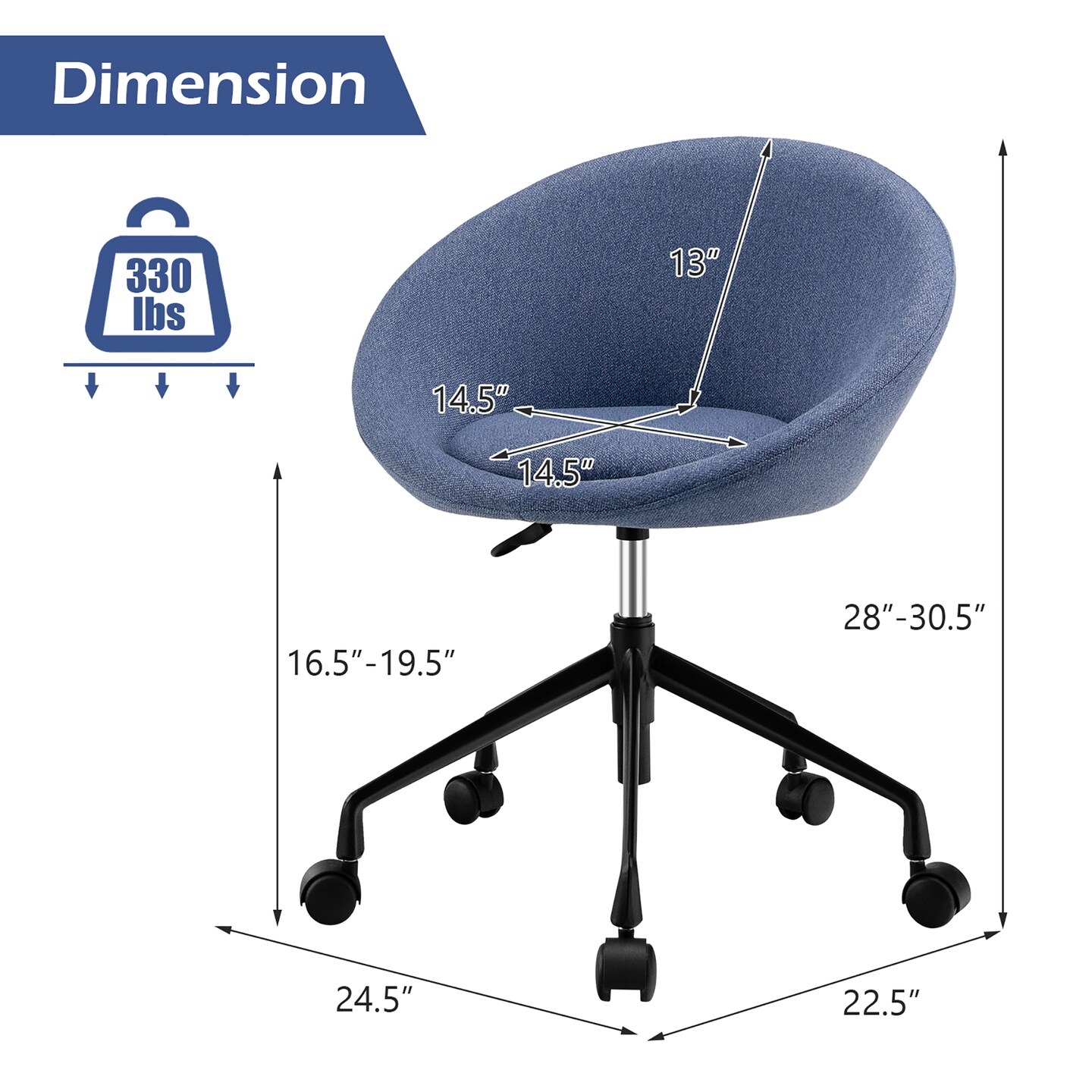 Costway Adjustable Swivel Accent Chair Linen Office Chair Round Back Vanity Chair Grey\Blue\Green