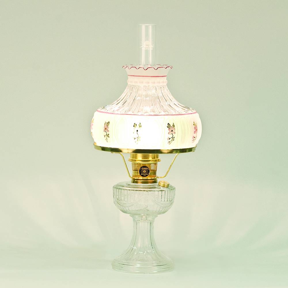 Aladdin Clear Lincoln Drape Table Oil Lamp with Amethyst Rose Glass Shade, Brass