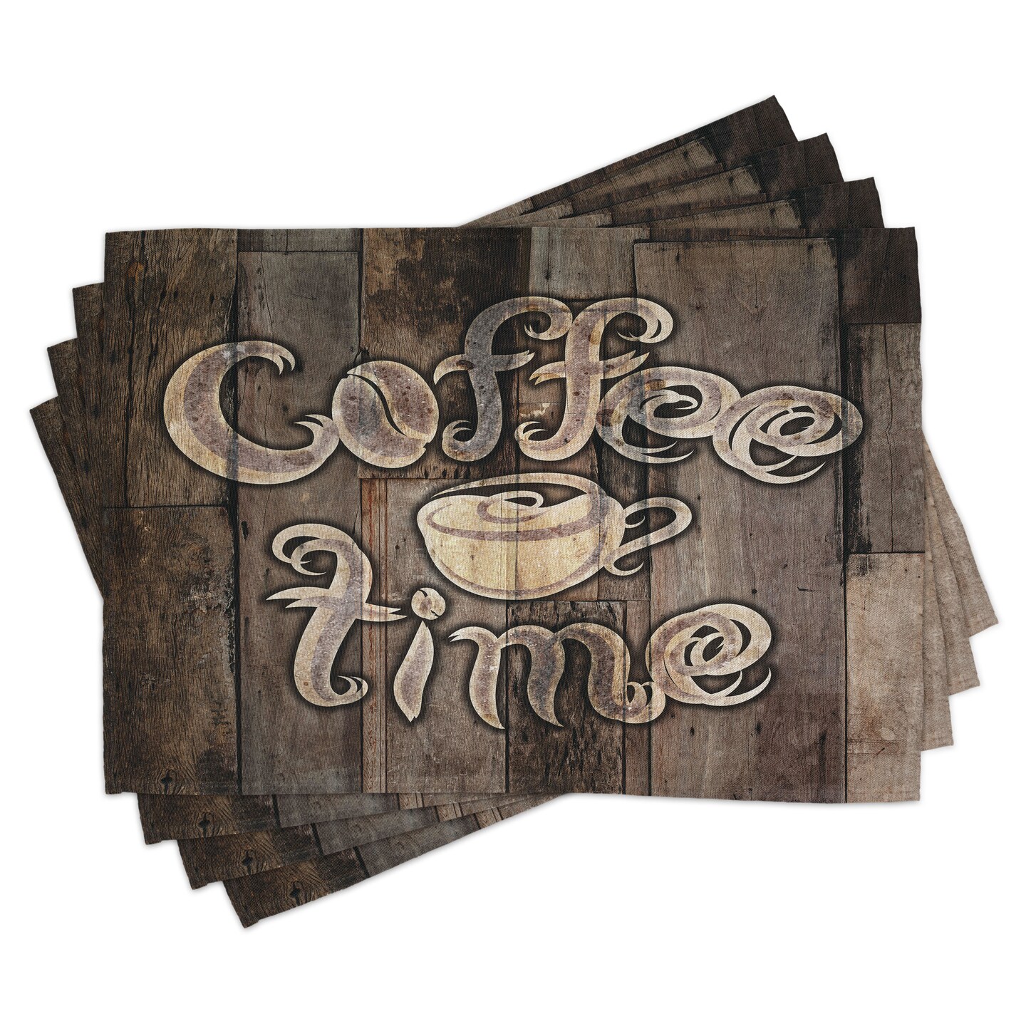 Ambesonne Modern Place Mats Set of 4, Coffee Time Phrase with a Cup on a Wooden Grunge Background Kitchen Image, Washable Fabric Placemats for Dining Table, Standard Size, Umber Cream Cocoa