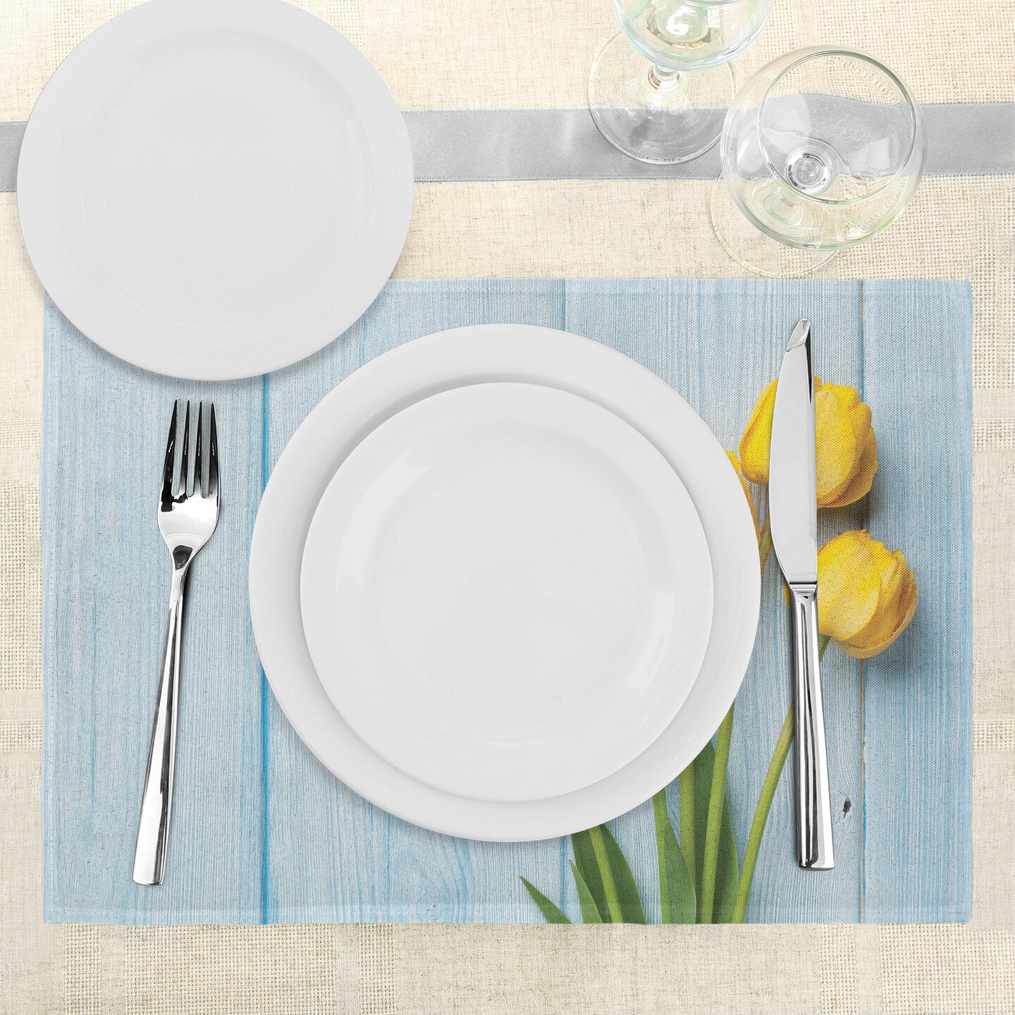 Ambesonne Tulip Place Mats Set of 4, Yellow Flowers on Old Wooden Rustic Background Valentines Romantic Theme, Washable Fabric Placemats for Dining Table, Standard Size, Yellow Green Pale Blue