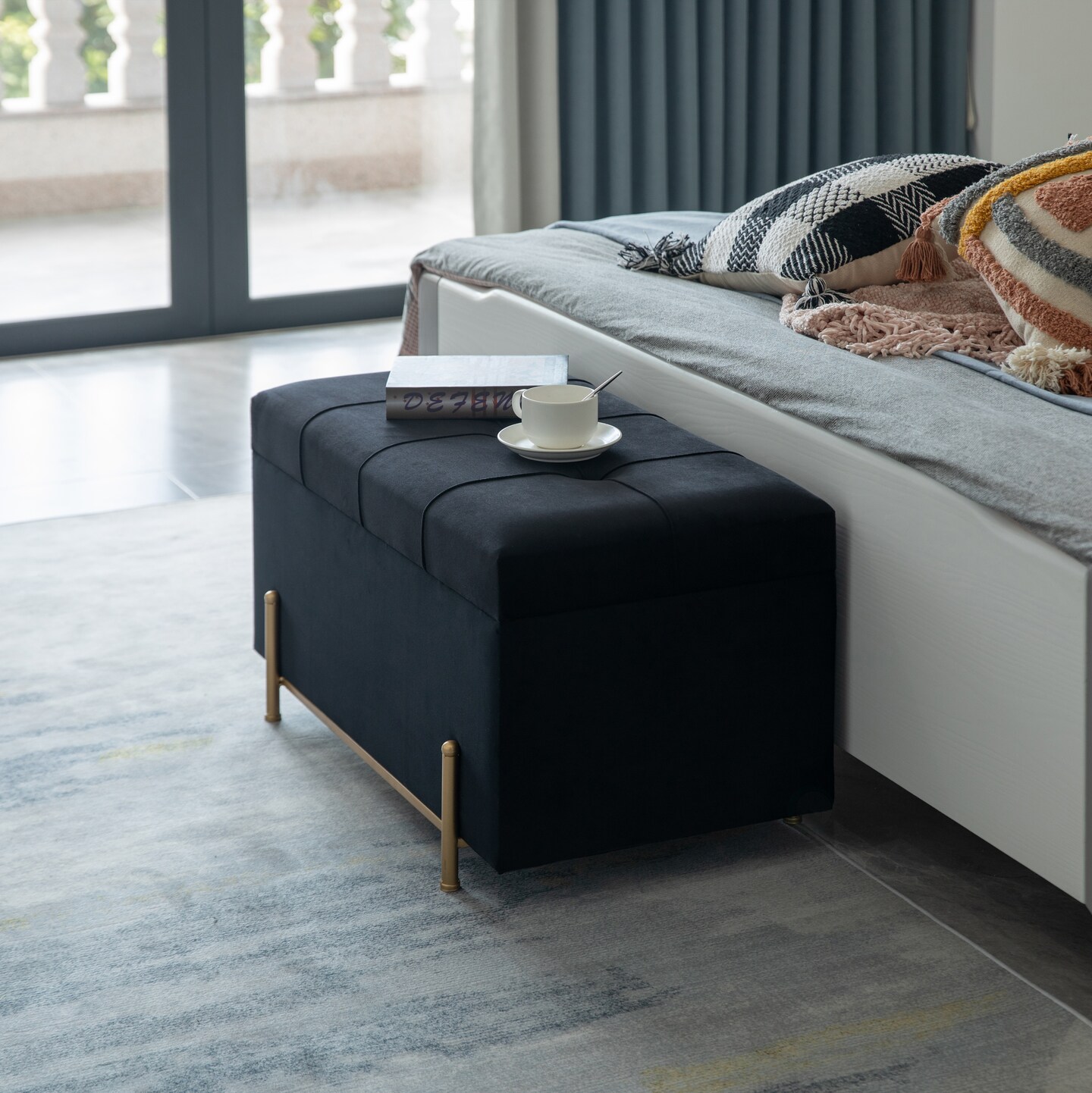 Large Rectangle Velvet Storage Ottoman Stool Box with Golden Legs | Decorative Sitting Bench for Living Room Home Decor with Cylindrical Golden Support