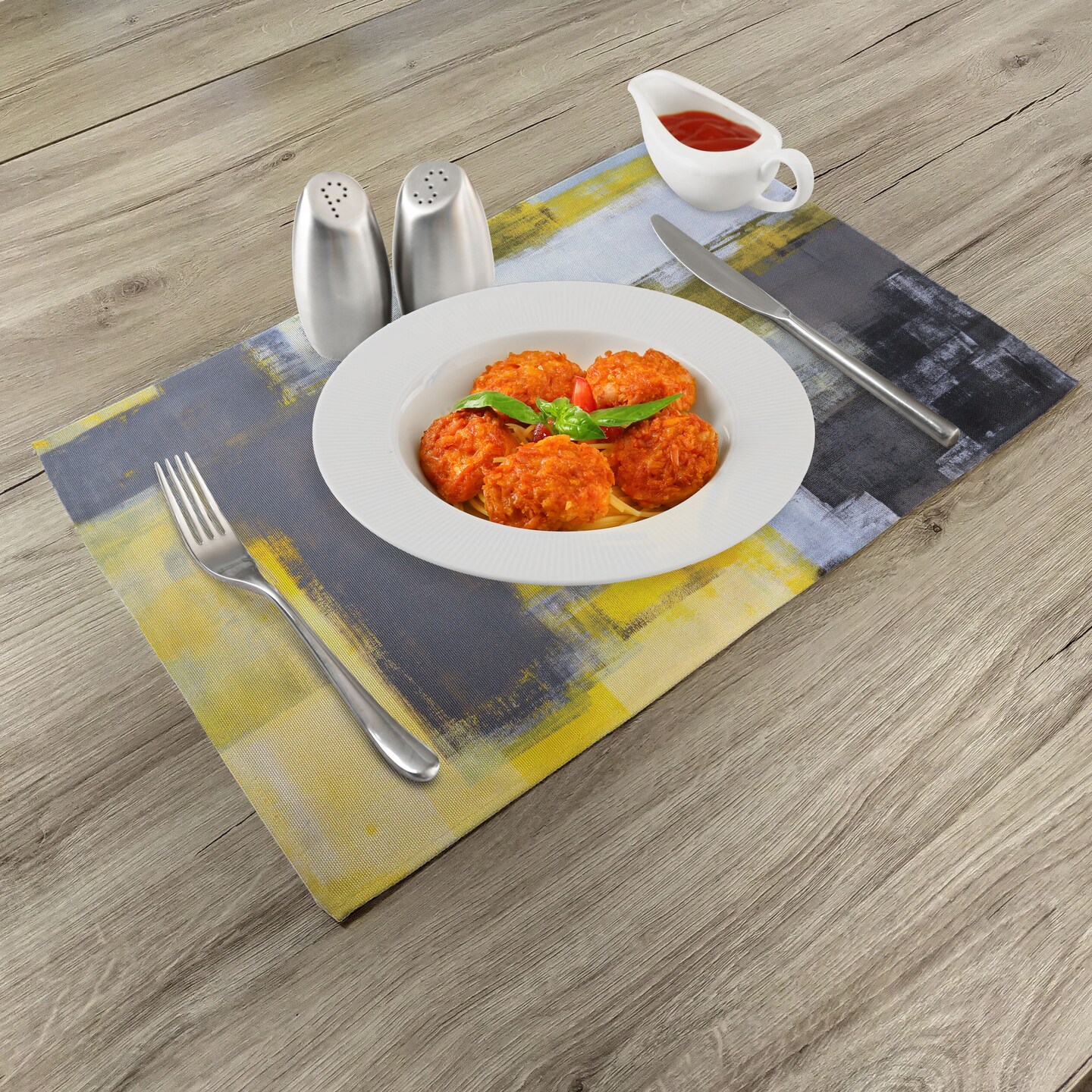 Ambesonne Yellow and Grey Place Mats Set of 4, Abstract Art Painting Design Modern Composition Brush Marks Pattern, Washable Fabric Placemats for Dining Table, Standard Size, Yellow Grey White