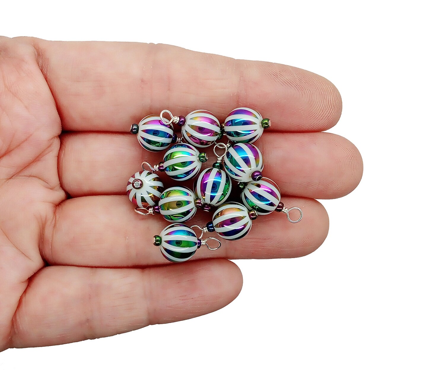Tiny Iridescent Striped Bead Dangles, Charms for Jewelry Making, 10 pc, Adorabilities