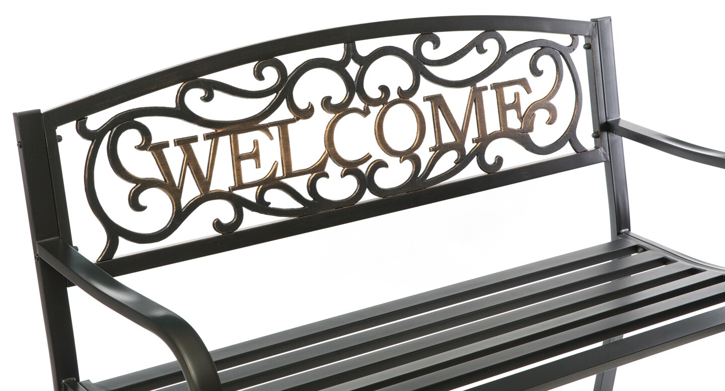 Steel Outdoor Patio Garden Park Seating Bench with Cast Iron Welcome Backrest, Front Porch Yard Bench Lawn Decor