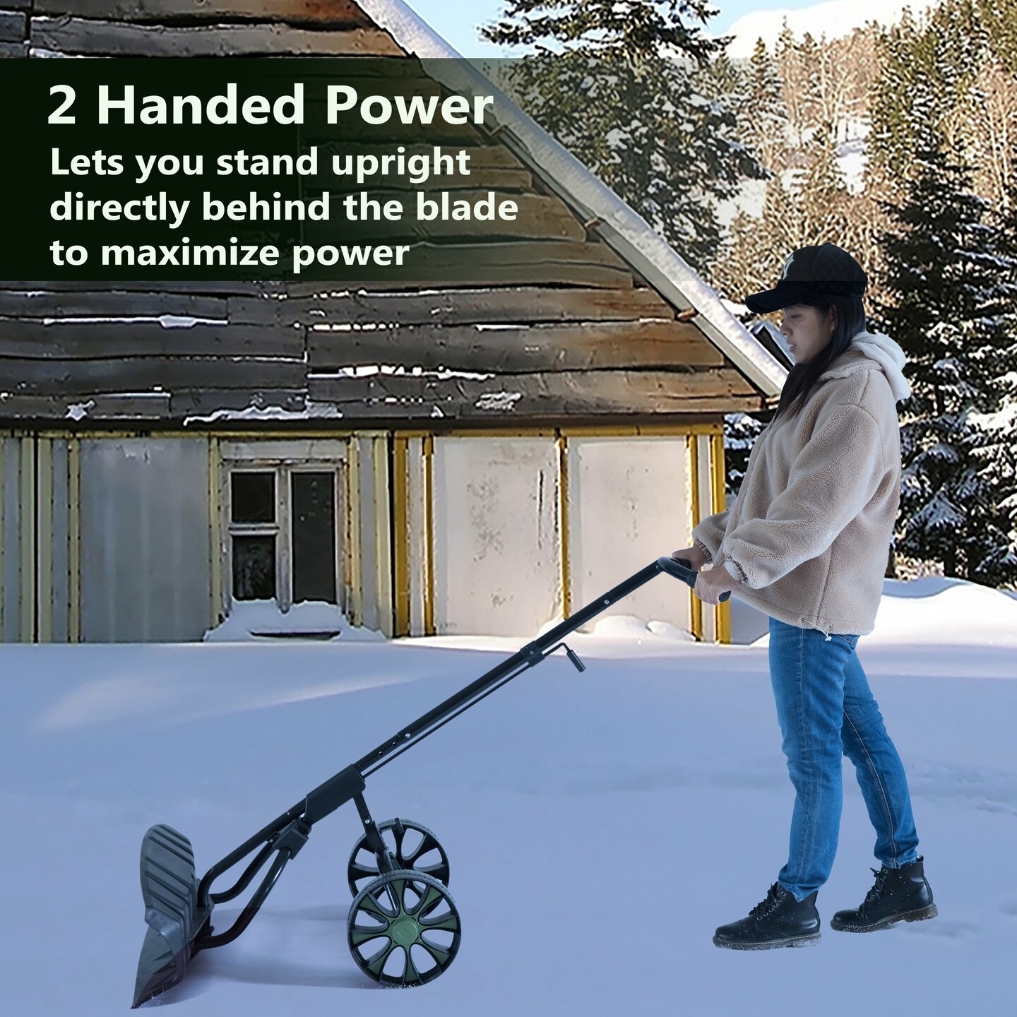 Extra Wide 36 in. Snow Shovel Plow Pusher Remover with Large Rugged Wheels, Heavy Duty, Black
