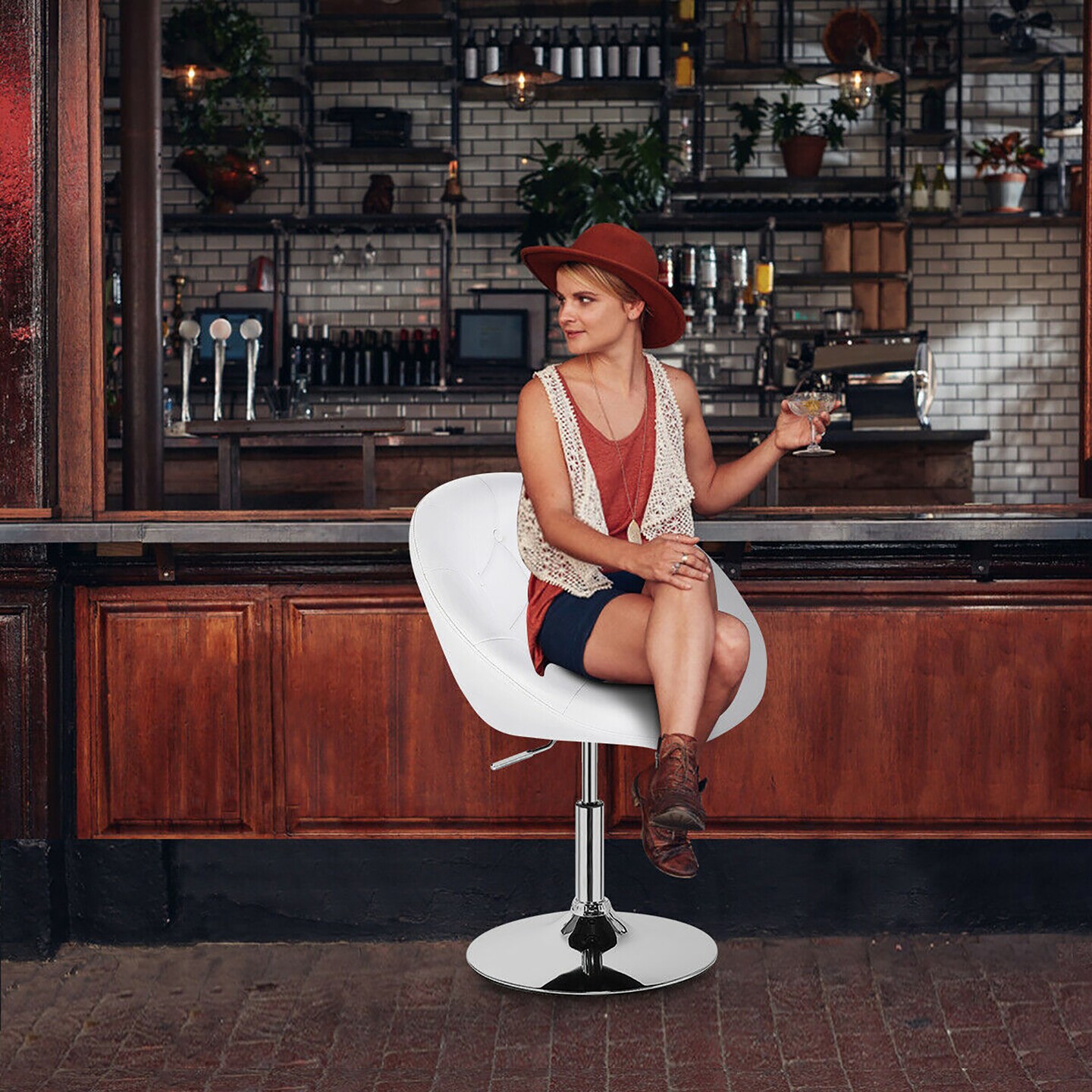 Costway 1PC Adjustable Modern Swivel Round Tufted Back Accent Chair PU Leather