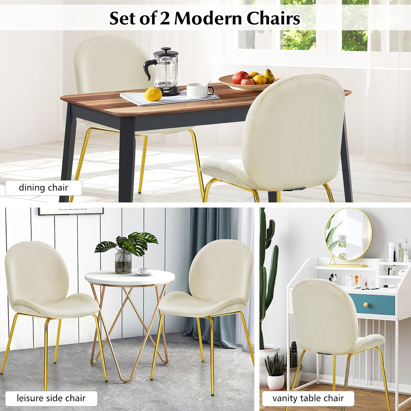 Costway Set of 2 Velvet Accent Chairs Dining Side Chairs w/Gold Metal Legs Pink/Beige/Green/Grey
