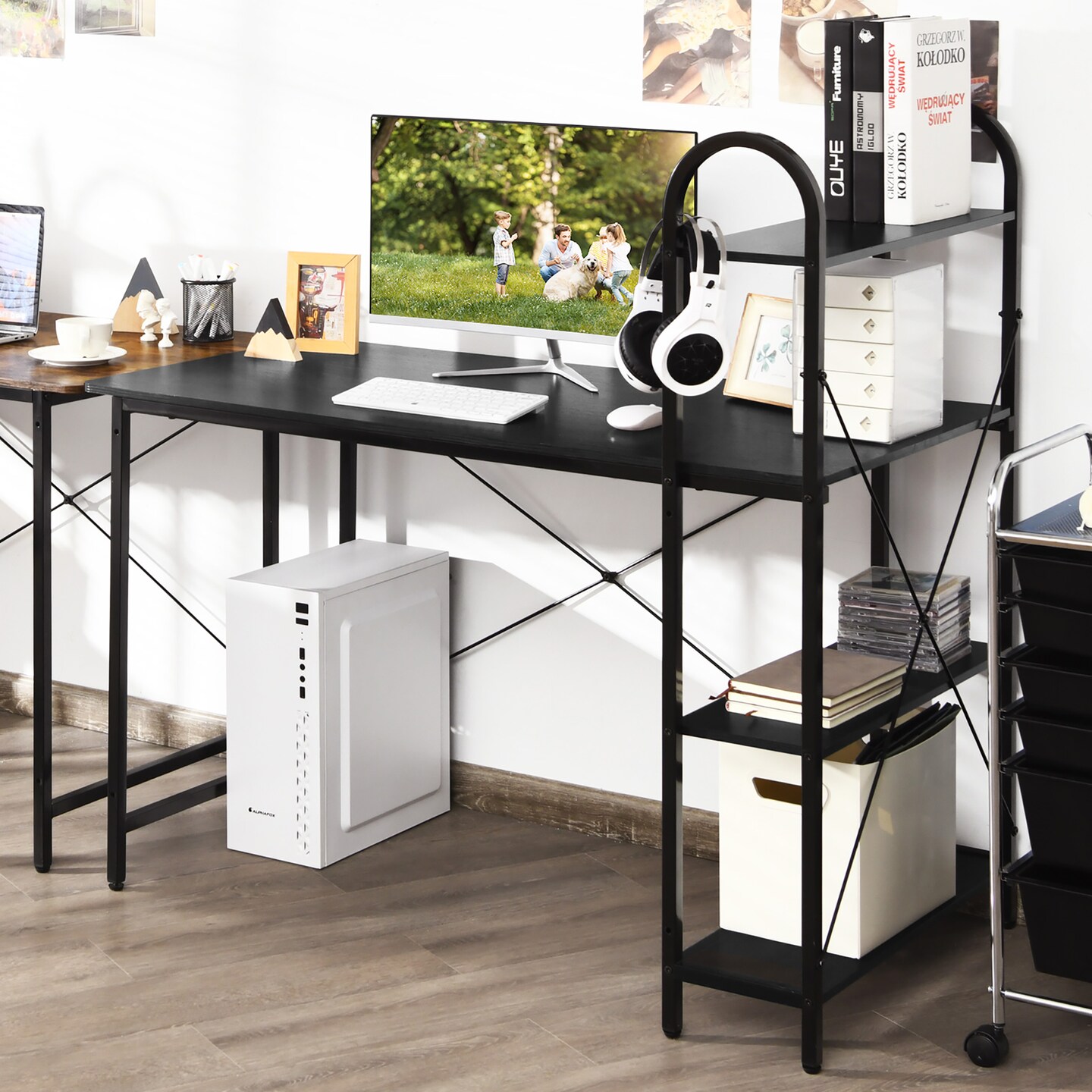 Costway 48'' Reversible Computer Desk Writing Table Workstation w/ Storage Shelf Black\Brown
