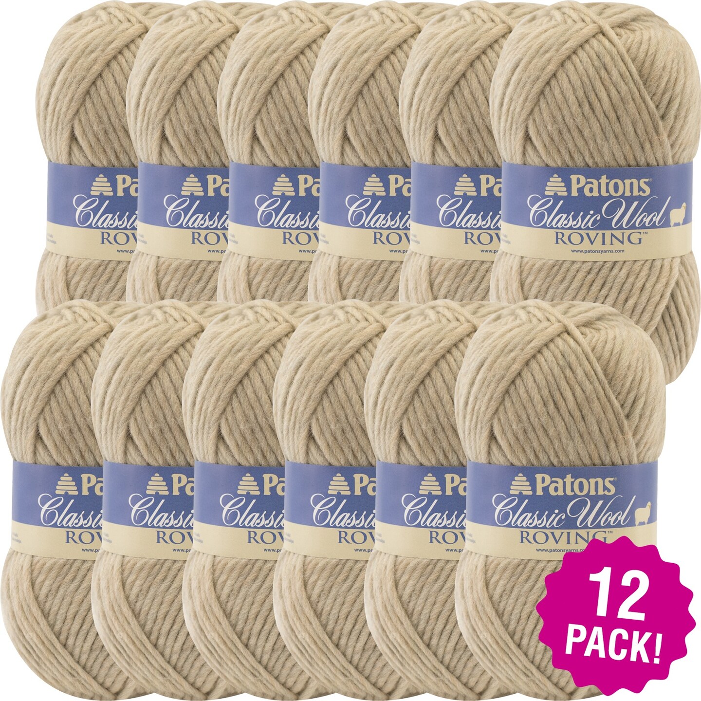 Multipack of 12 - Patons Classic Wool Roving Yarn-Natural