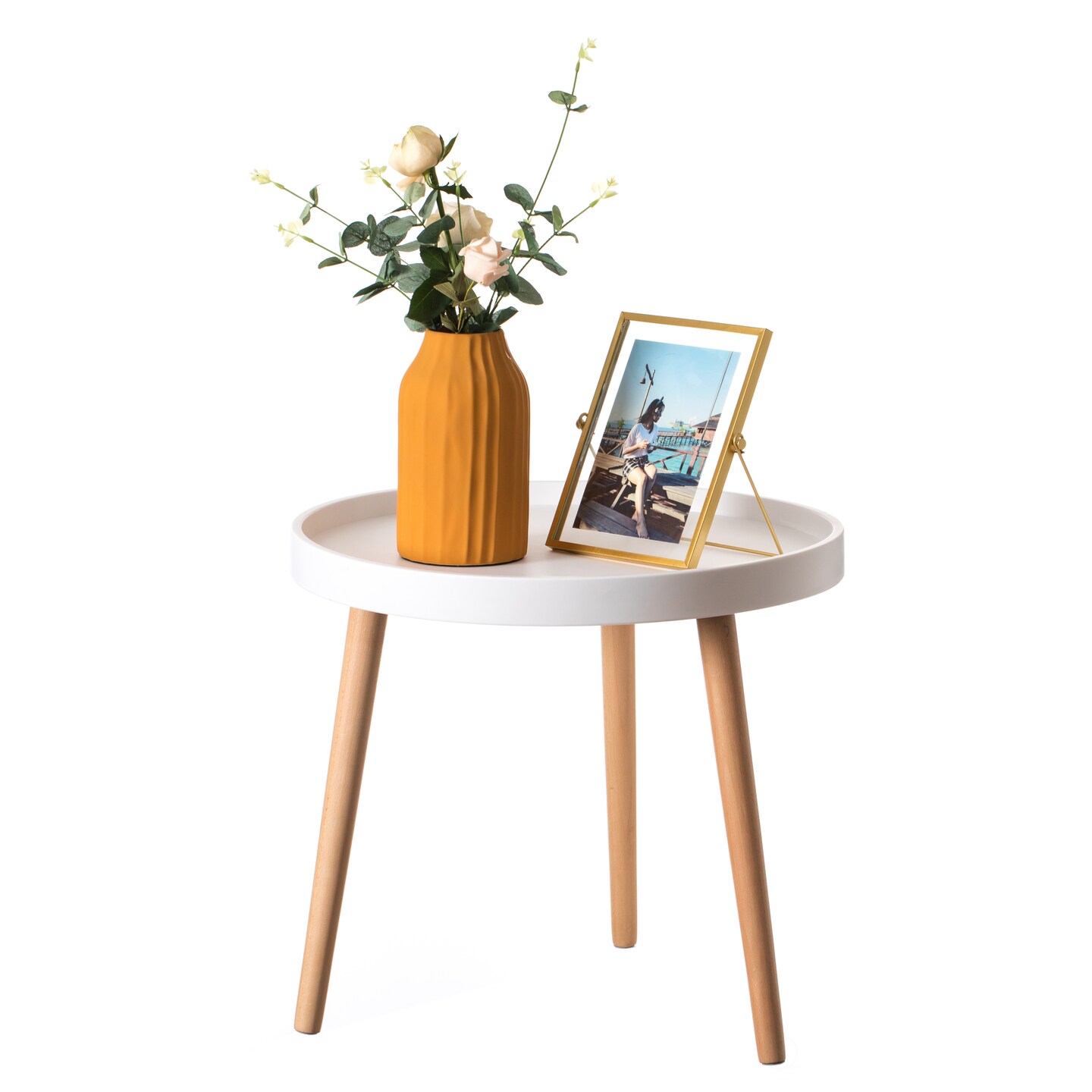 Modern Plastic Round Side Table Accent Coffee Table with Beech Wood