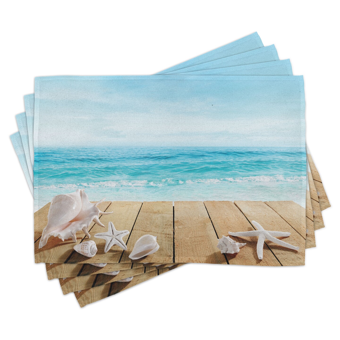 Ambesonne Seashells Place Mats Set of 4, Wooden Boardwald Sunshine Vacations Beach Theme, Washable Fabric Placemats for Dining Table, Standard Size, Pale Brown Beige
