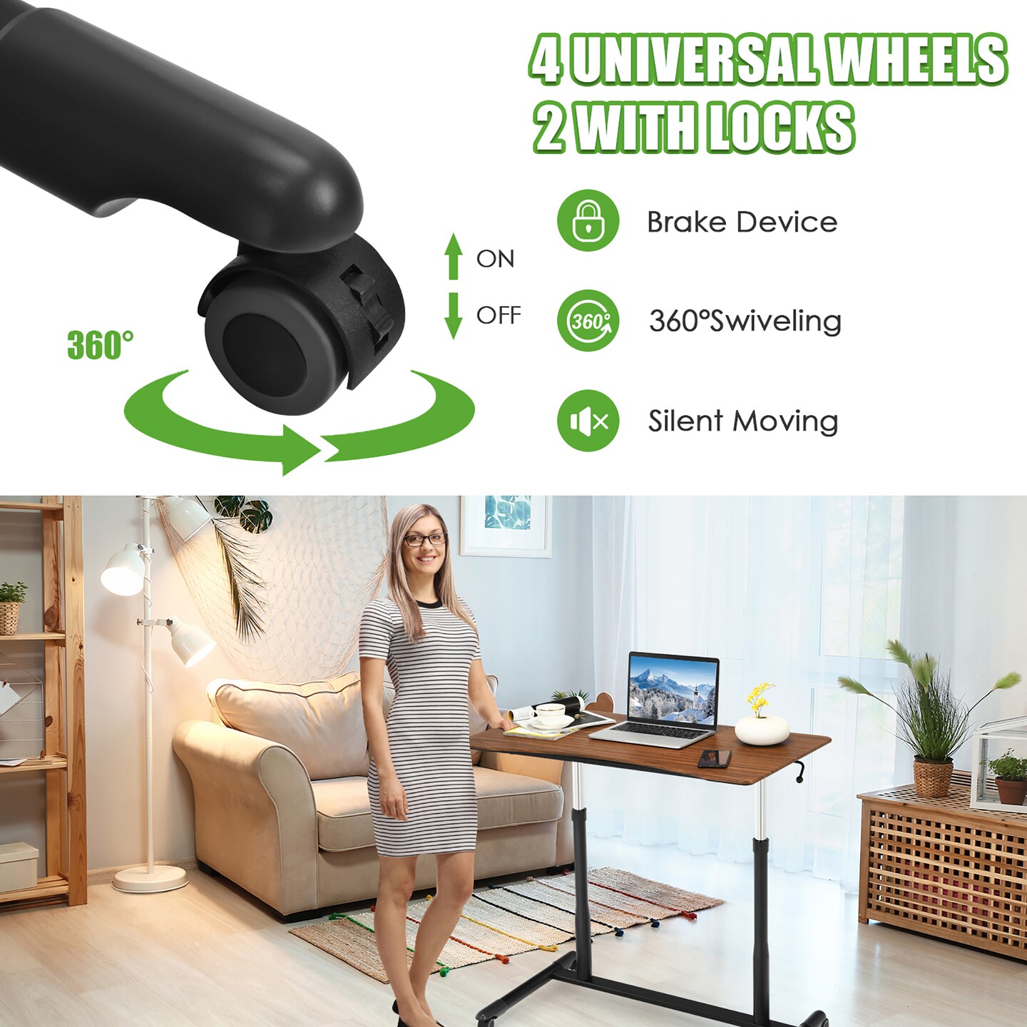 Goplus Height Adjustable Computer Desk Sit Stand Rolling Notebook Table Natural\Brown\Black