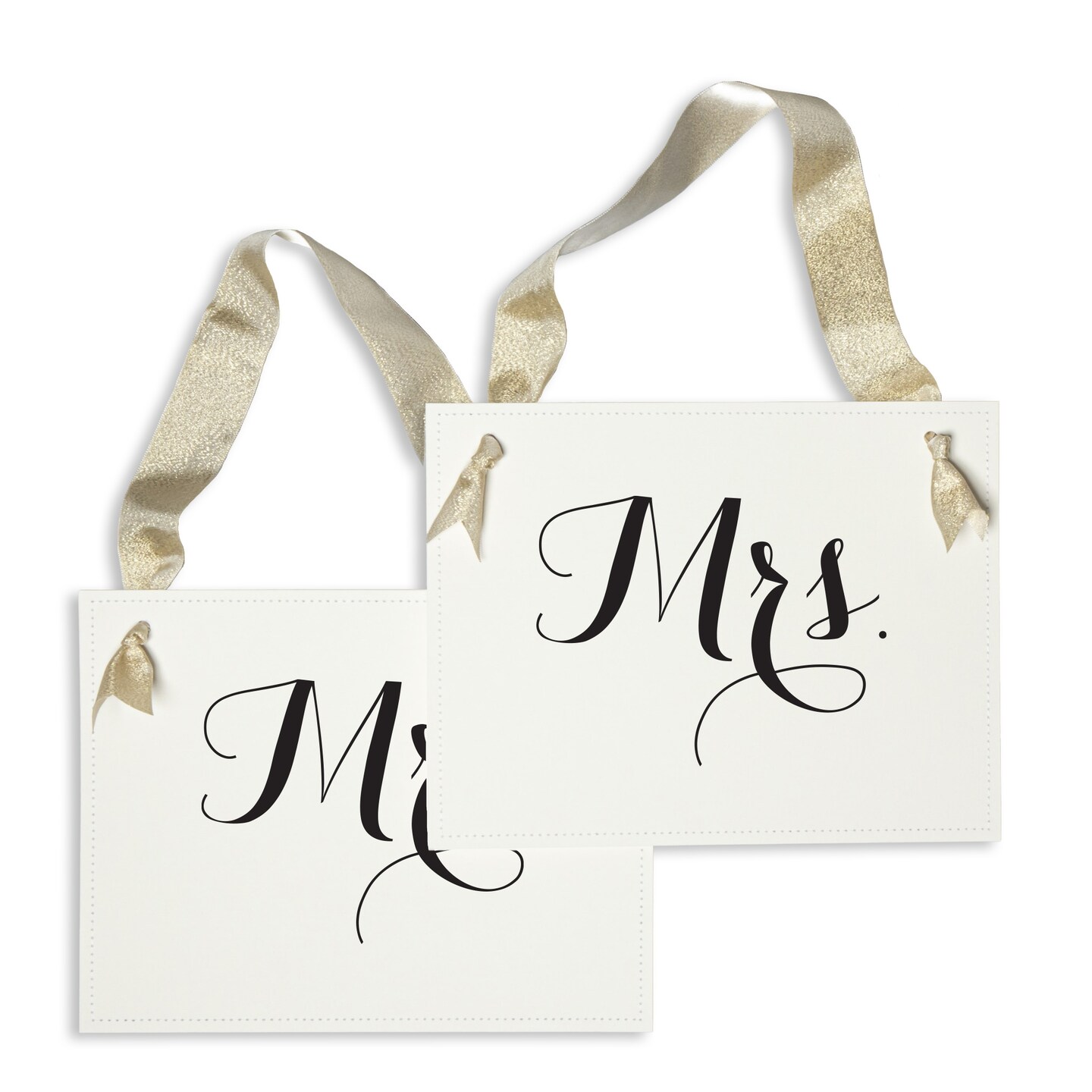 Ritzy Rose Mr. and Mrs. Chair signs - Black on 11x8in White Linen Cardstock with Gold Metallic Ribbon