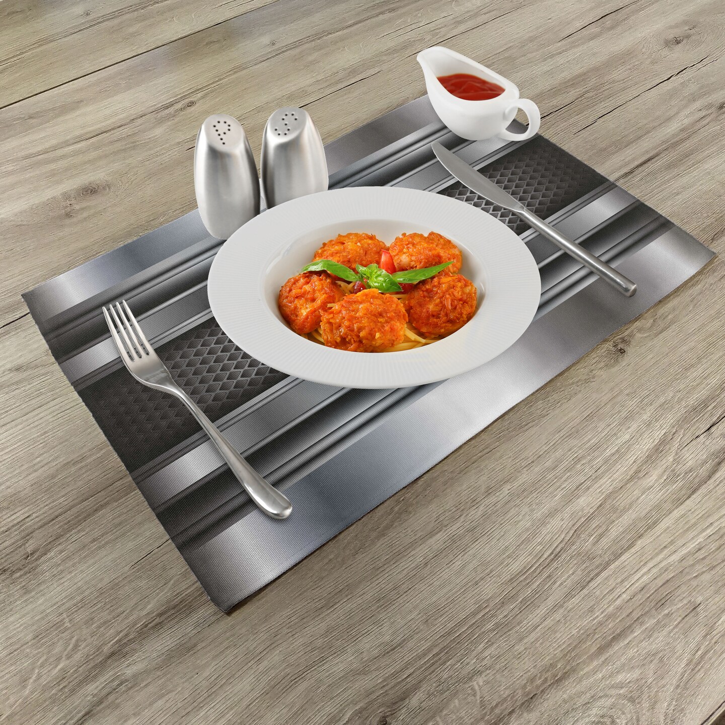 Ambesonne Grey Place Mats Set of 4, Realistic Vivid Looking Steel Plates Image Heavy Industry Technology Themed Print, Washable Fabric Placemats for Dining Table, Standard Size, Grey Taupe