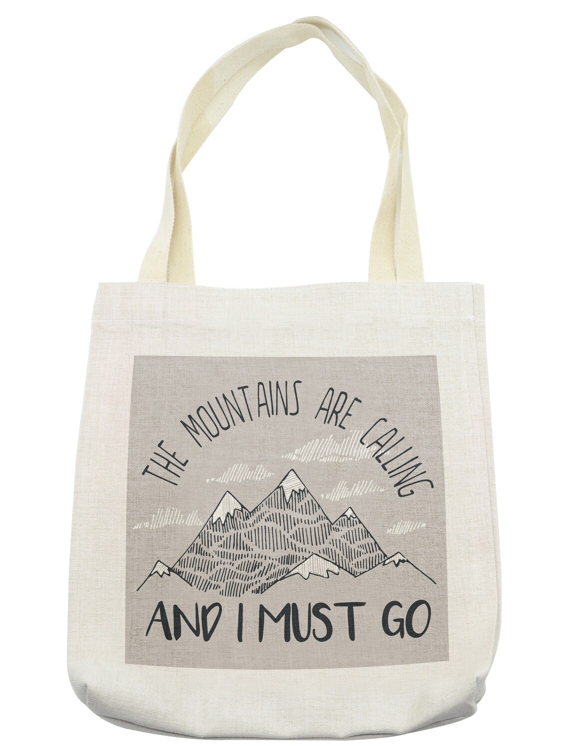 Ambesonne Mountain Tote Bag, Mountains are Calling and I Must Go Saying Snowy Challenging, Cloth Linen Reusable Bag for Shopping Books Beach and More, 16.5&#x22; X 14&#x22;, Pale Tan White