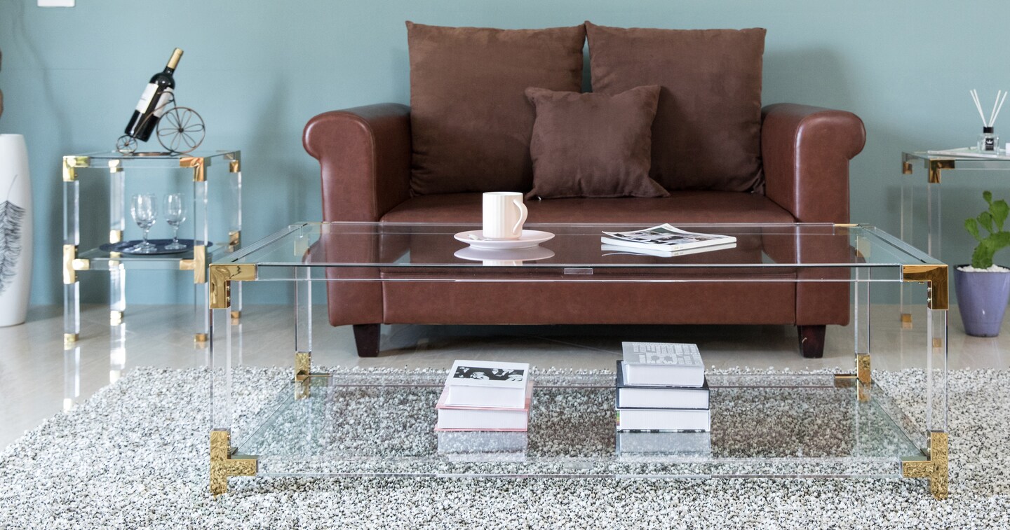 Rectangular Acrylic Modern Gold Metal Coffee Table with Tempered Glass and Shelf