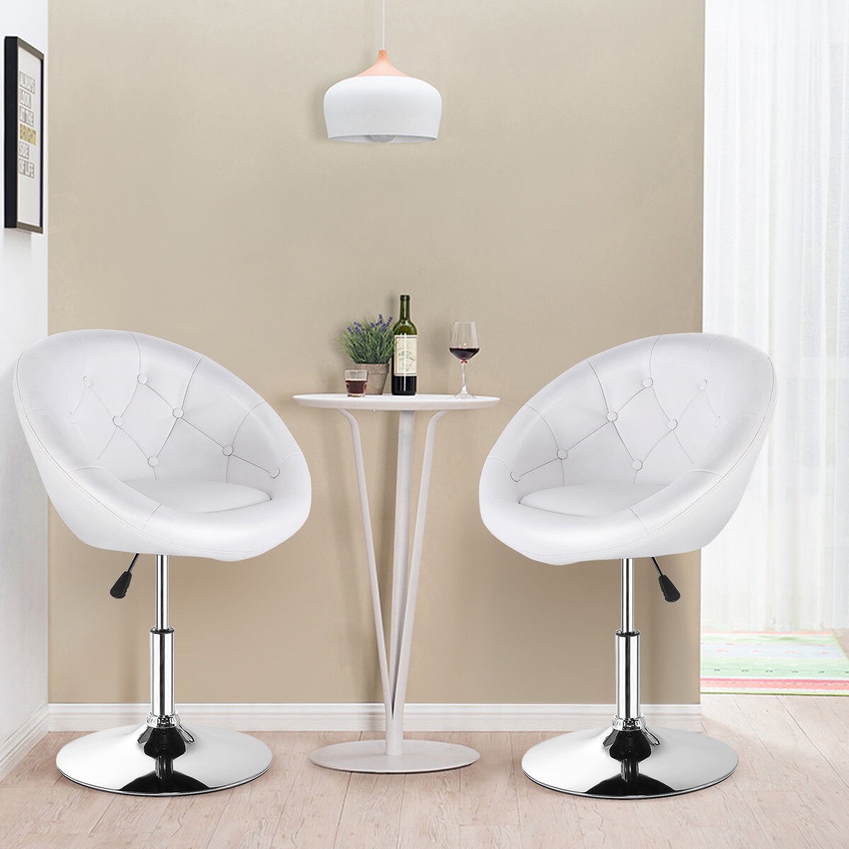 Costway 1PC Adjustable Round Swivel Tufted Back Accent Chair PU Leather White