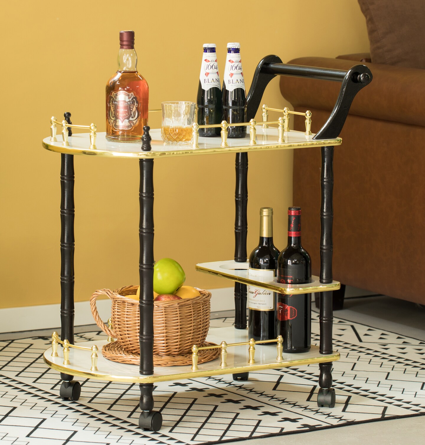 Serving Bar Cart Tea Trolley, 2 Tier Shelves on Rolling Wheels, Mobile Liquor Bar for Wine Beverage Drink Dinner Party, Utility Kitchen Storage Island Coffee Cabinet for Dining Living Room, Wood