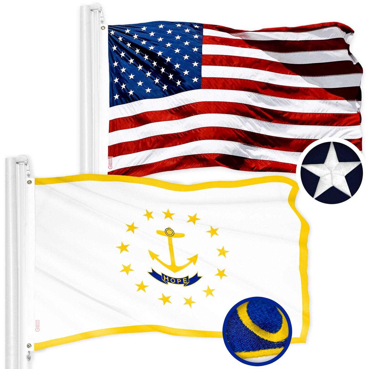 G128 Combo Pack: USA American Flag 3x5 Ft Embroidered Stars &#x26; Rhode Island State Flag 3x5 Ft Embroidered