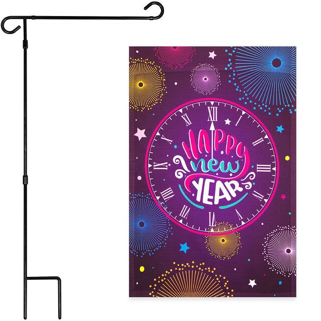 G128 Combo Pack: Garden Flag Stand Black 36x16 Inch &#x26; Garden Flag Happy New Year Midnight Clock 12x18 Inch