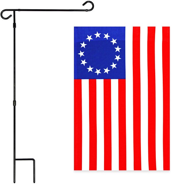 G128 Combo Pack: Garden Flag Stand Black 36x16 Inch &#x26; Garden Flag Betsy Ross Flag 12x18 Inch