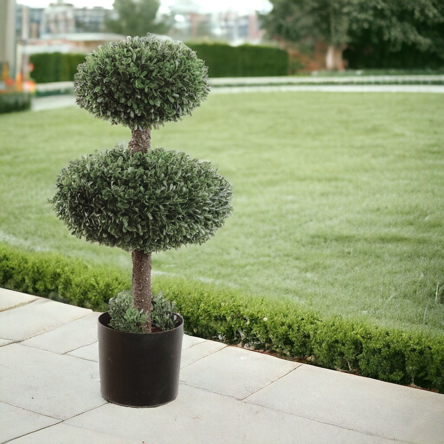 2.5ft Artificial Double Boxwood Topiary Tree - Lifelike Design, Potted in Black Planter, Ideal for Home, Office &#x26; Outdoor Decor - All-Season Use, Floral Home by Artificial Flowers