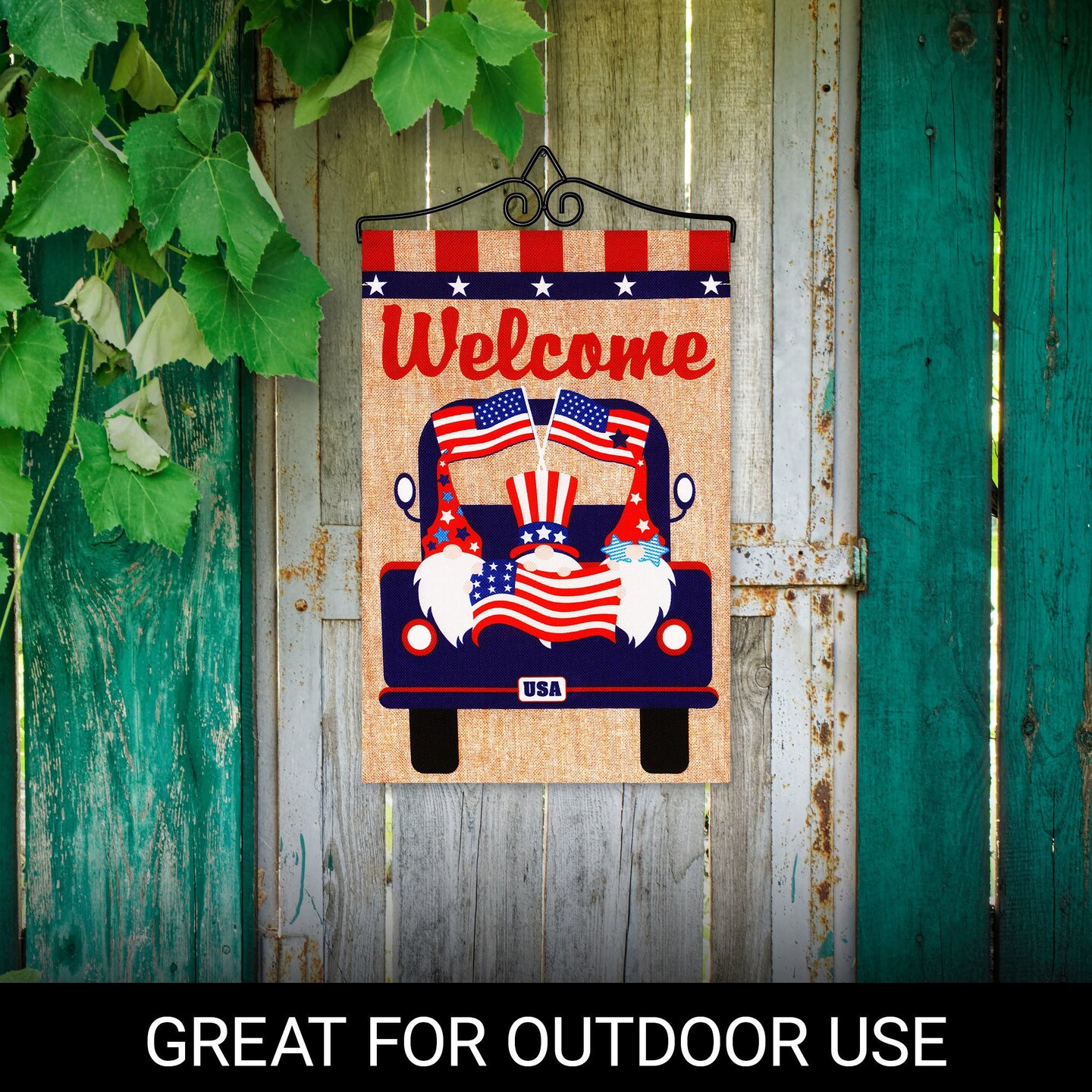 G128 Combo Pack Garden Flag Hanger 14IN &#x26; Garden Flag Welcome 3 Gnomes in Patriotic Truck 12x18IN Printed Double Sided Burlap Fabric