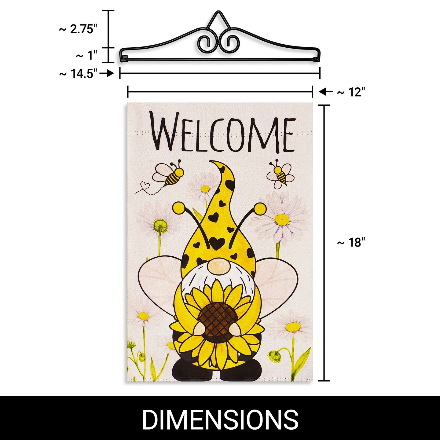 G128 Combo Pack Garden Flag Hanger 14IN & Garden Flag Welcome Bee Gnome with Sunflower 12x18IN Printed Double Sided Blockout Fabric