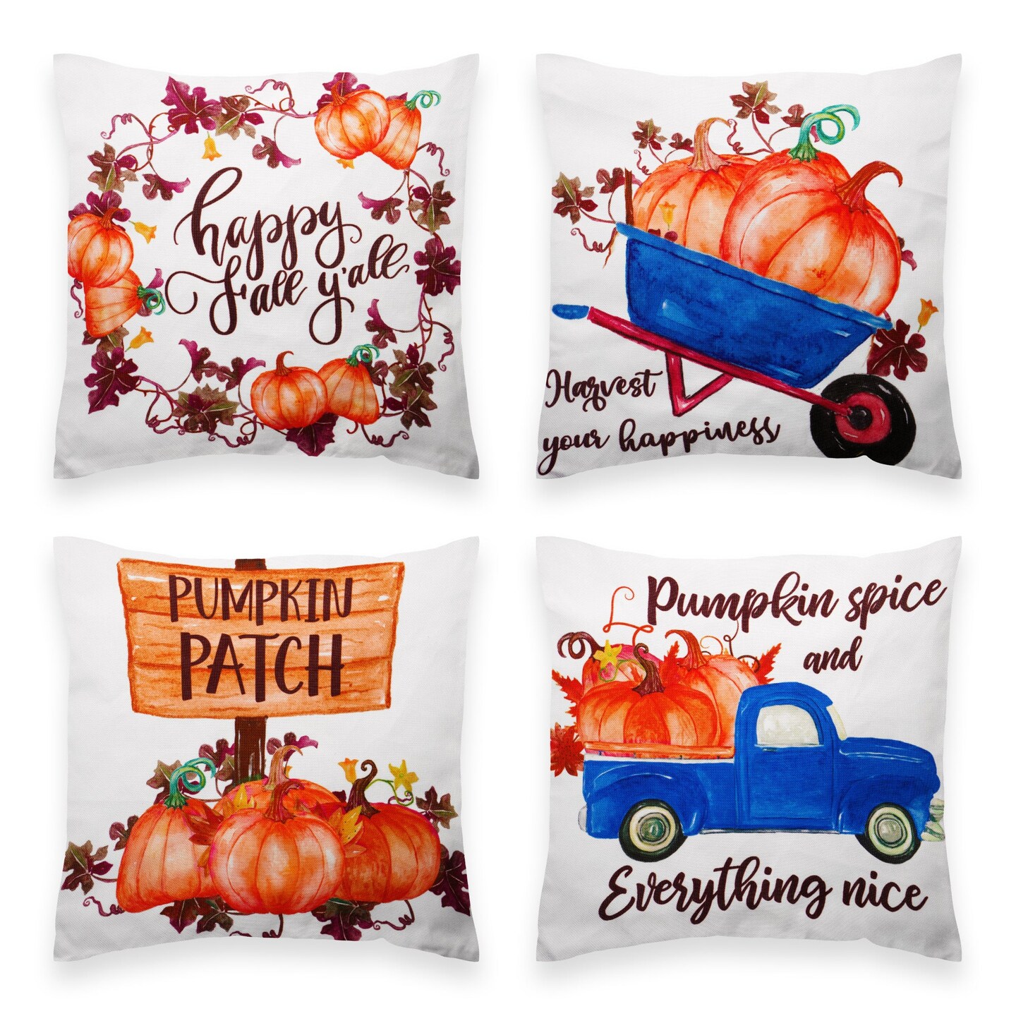 G128 Fall Decoration Pumpkin Wagon Tractor Waterproof Throw Pillow Covers | 18 x 18 In | Set of 4, Beautiful Cushion Covers for Autumn Sofa Couch Decoration