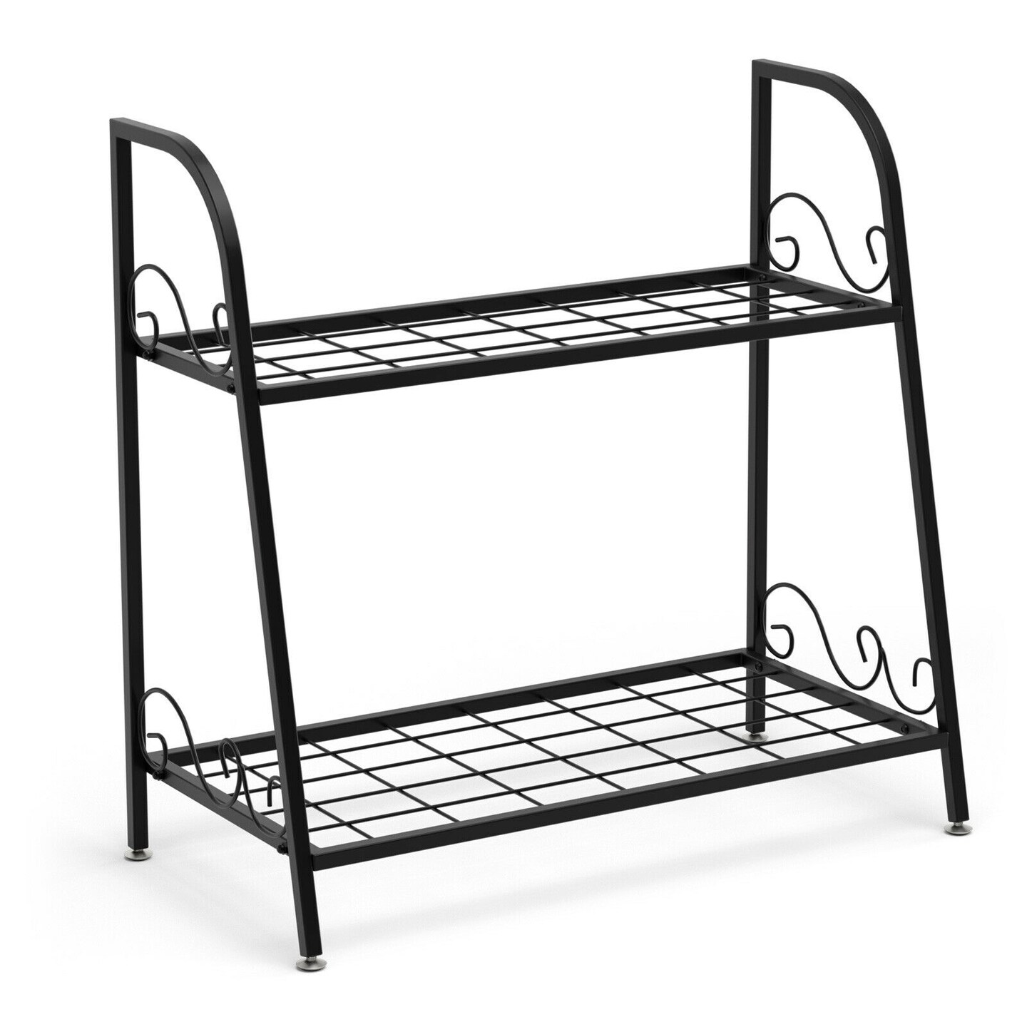 Black Steel 2-Tier Plant Stand with Split-Level Shelves and Handles