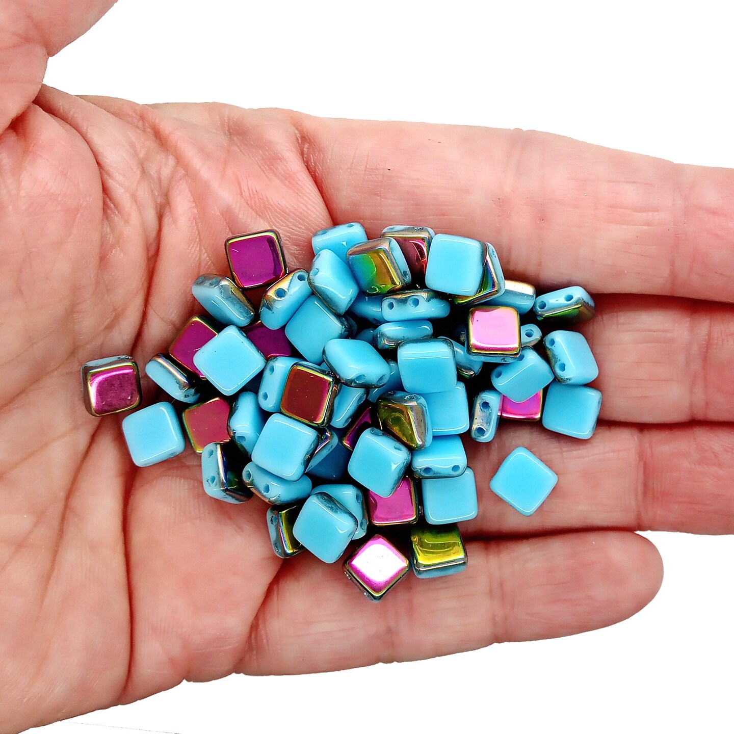 Czech Glass Tile Beads, 50 pc, 6mm Two-tone Light Blue & Metallic, Adorabilities