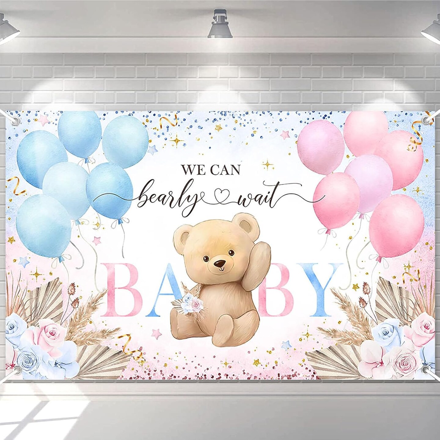 Boho Bear Gender Reveal Backdrop Banner Boho Floral We Can Bearly Wait Gender Reveal Decorations Pampas Grass He or She Baby Shower Party Decor 70.8 x 43.3 Inch