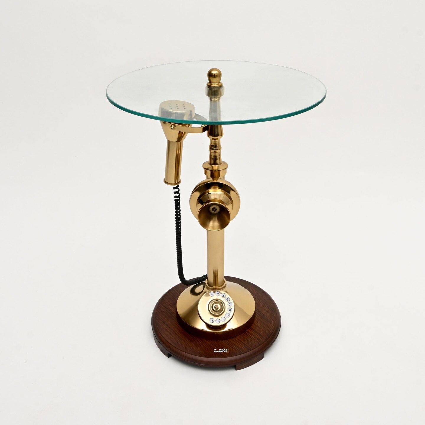 Decorative Gold Polished Aluminum Vintage Telephone Accent Table with Glass Top – 16x16x25"| Unique Side Table