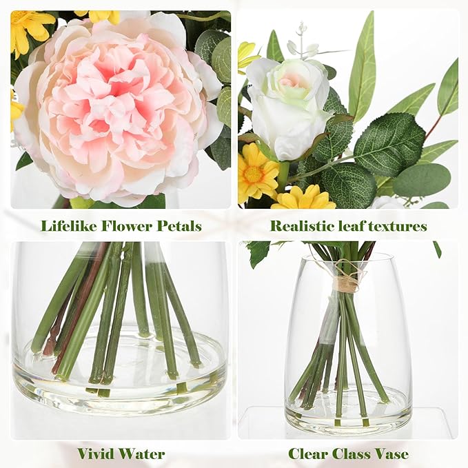 Artificial Flowers in Vase, Mixed White Rose Pink Peony Yellow Daisy and Greenery Leaf Floral Arrangements, Fake Flowers in Glass Vase with Faux Water, Home Wedding Patio Centerpiece Decor