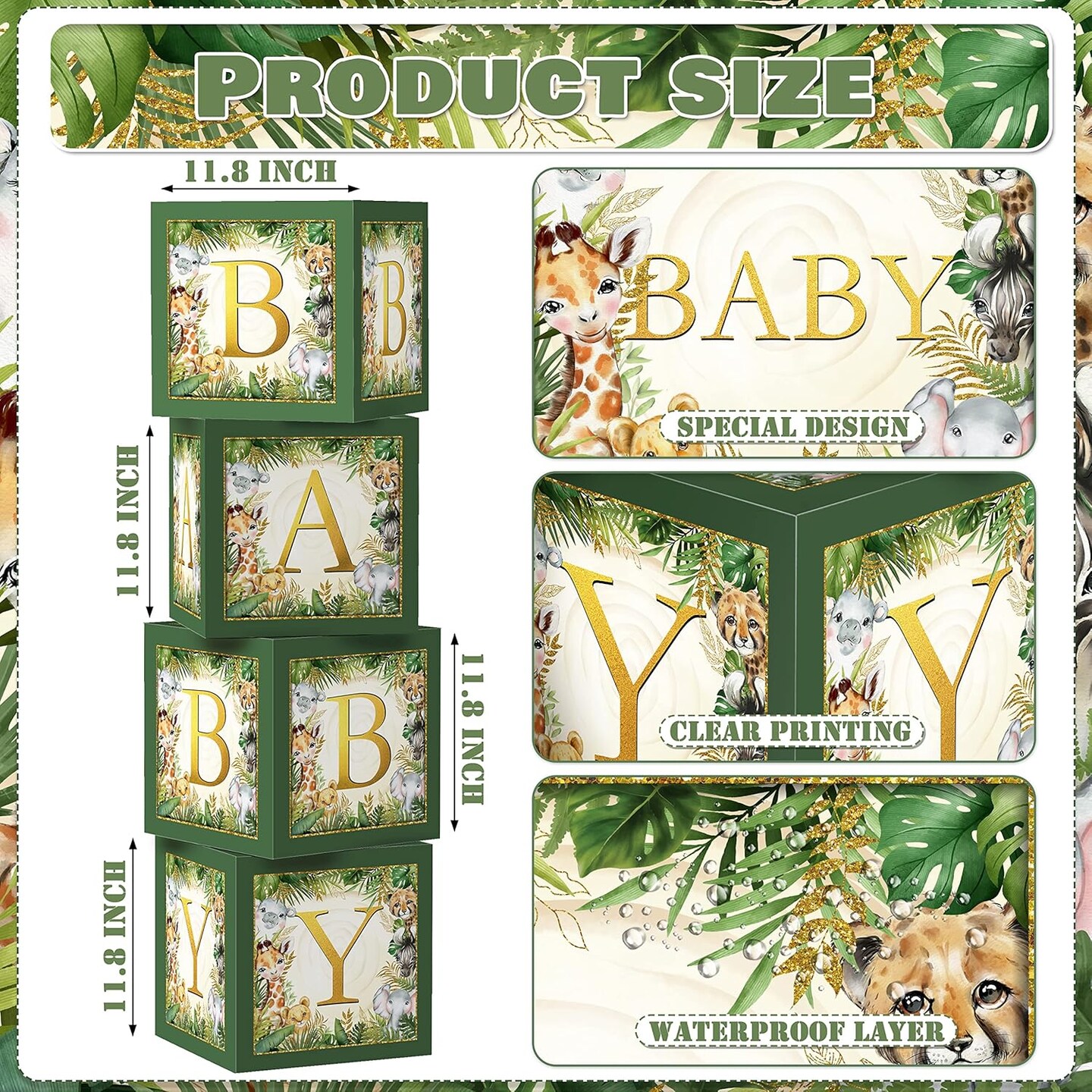Jungle Safari Baby Boxes With Letters for Baby Shower Decorations - Animal Theme Decor Balloon Blocks for Safari Baby Shower, Gender Reveal Party Supplies (Boy/Girl)