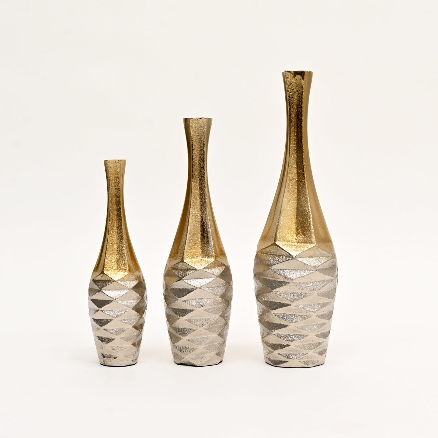 Decorative Sleek Metallic Aluminum Vases – Set of 3 Table Accents in Gold & Nickel Finish