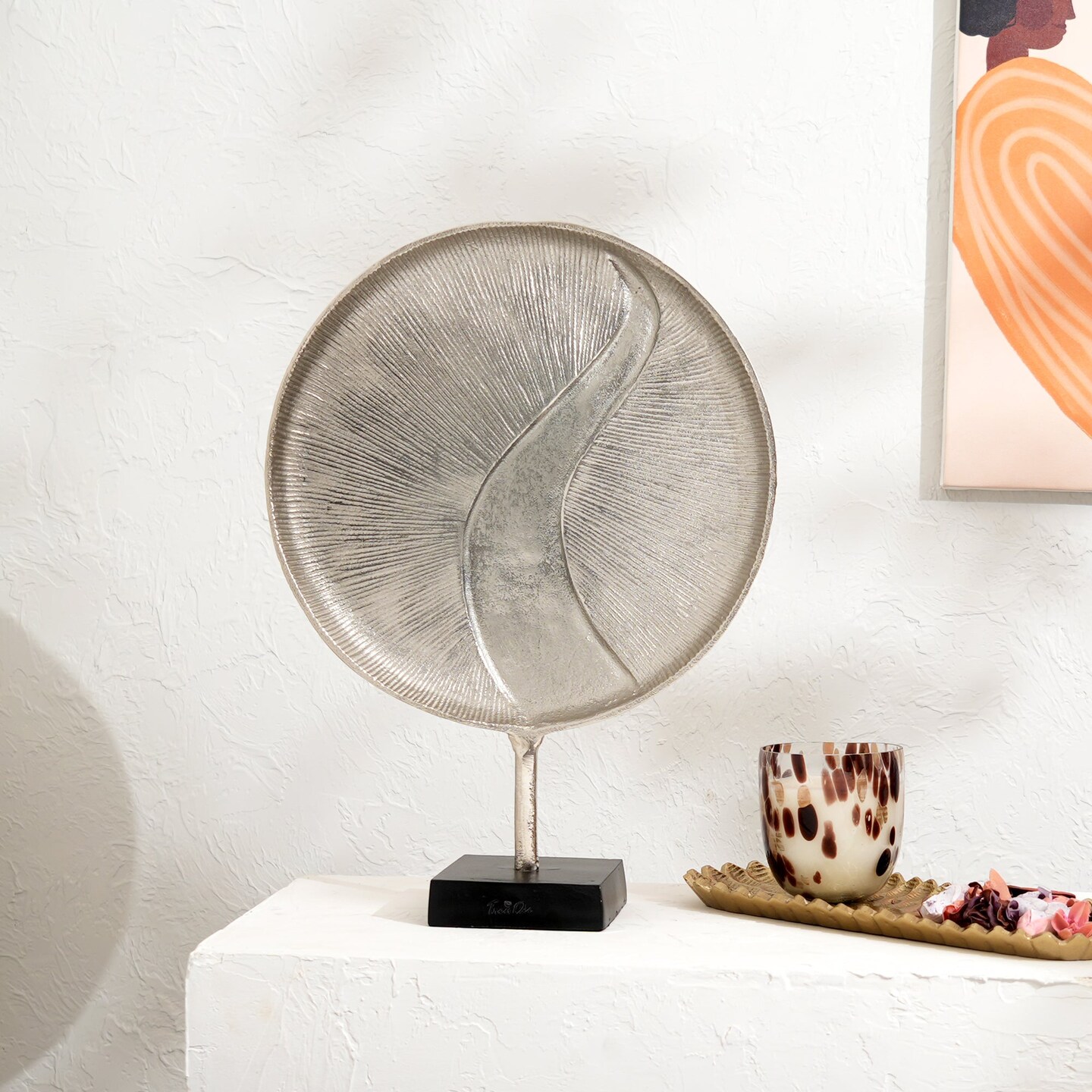 Metallic Sphere Table Accent – Aluminum Sculpture with Black Base (13.5x4.5x17")