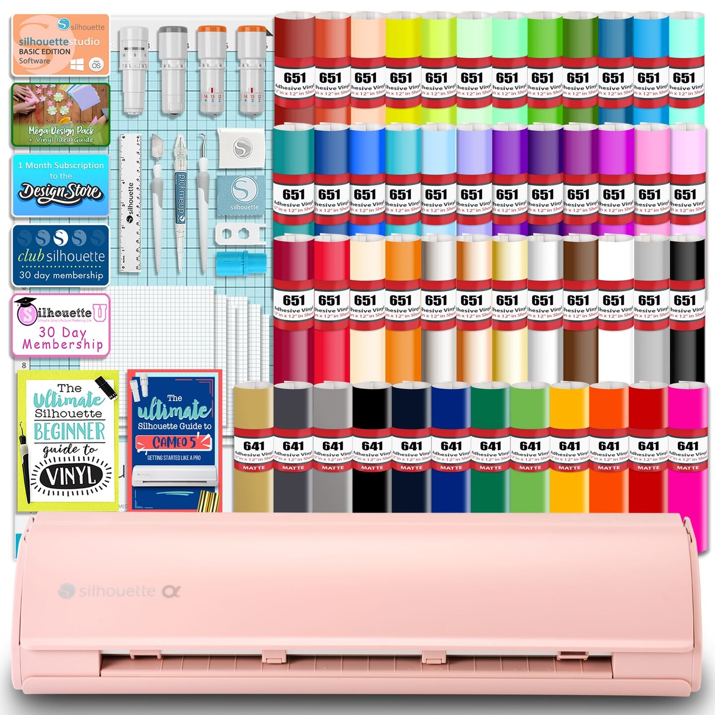 Silhouette Pink Cameo 5α Alpha w/ 64 Oracal Vinyl Sheets, Blades, Tools, Guides