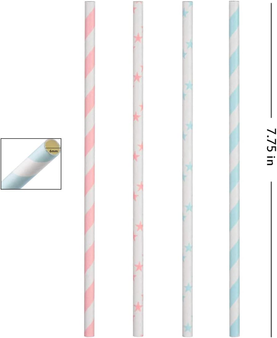 Light Pink Blue White Paper Straws Bulk, 100 Biodegradable Party Straws for Boy Girl Baby Shower, Gender Reveal, Birthday, Wedding and Celebrations