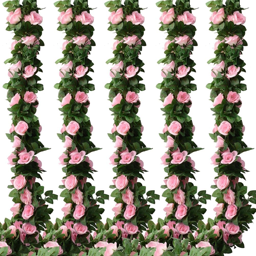 5 Pack Flower Garland – Artificial Pink Rose Vines, Fake Flowers for Wedding, Party, Home & Table Decorations (Total 41FT)